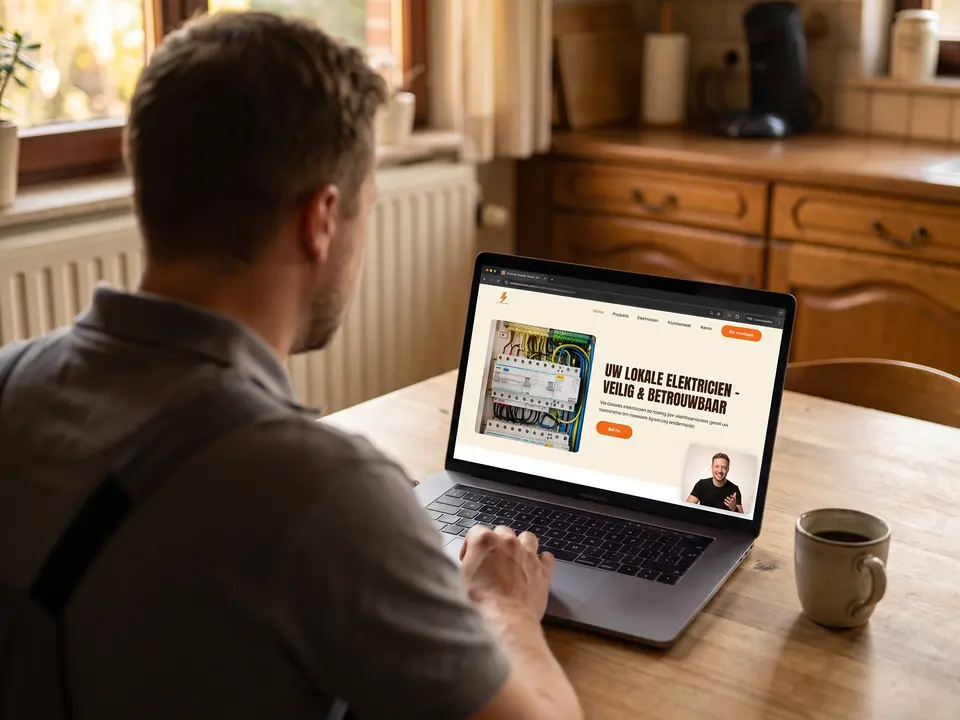 Een vakman aan zijn keukentafel in videocall met SpaceBitz; op het scherm een werkende eerste versie van zijn site.