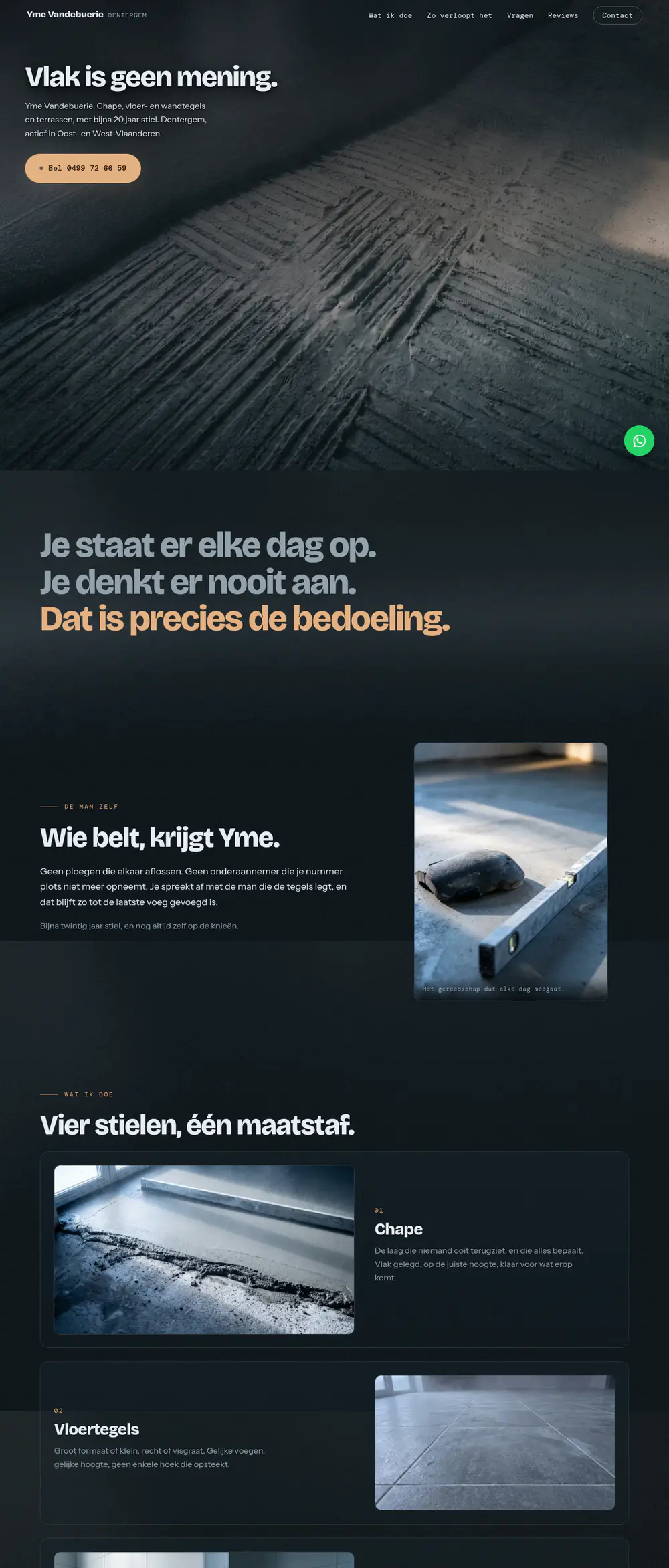 De nieuwe website van Yme Vandebuerie met een grote foto van zijn werk, een korte uitleg en een belknop
