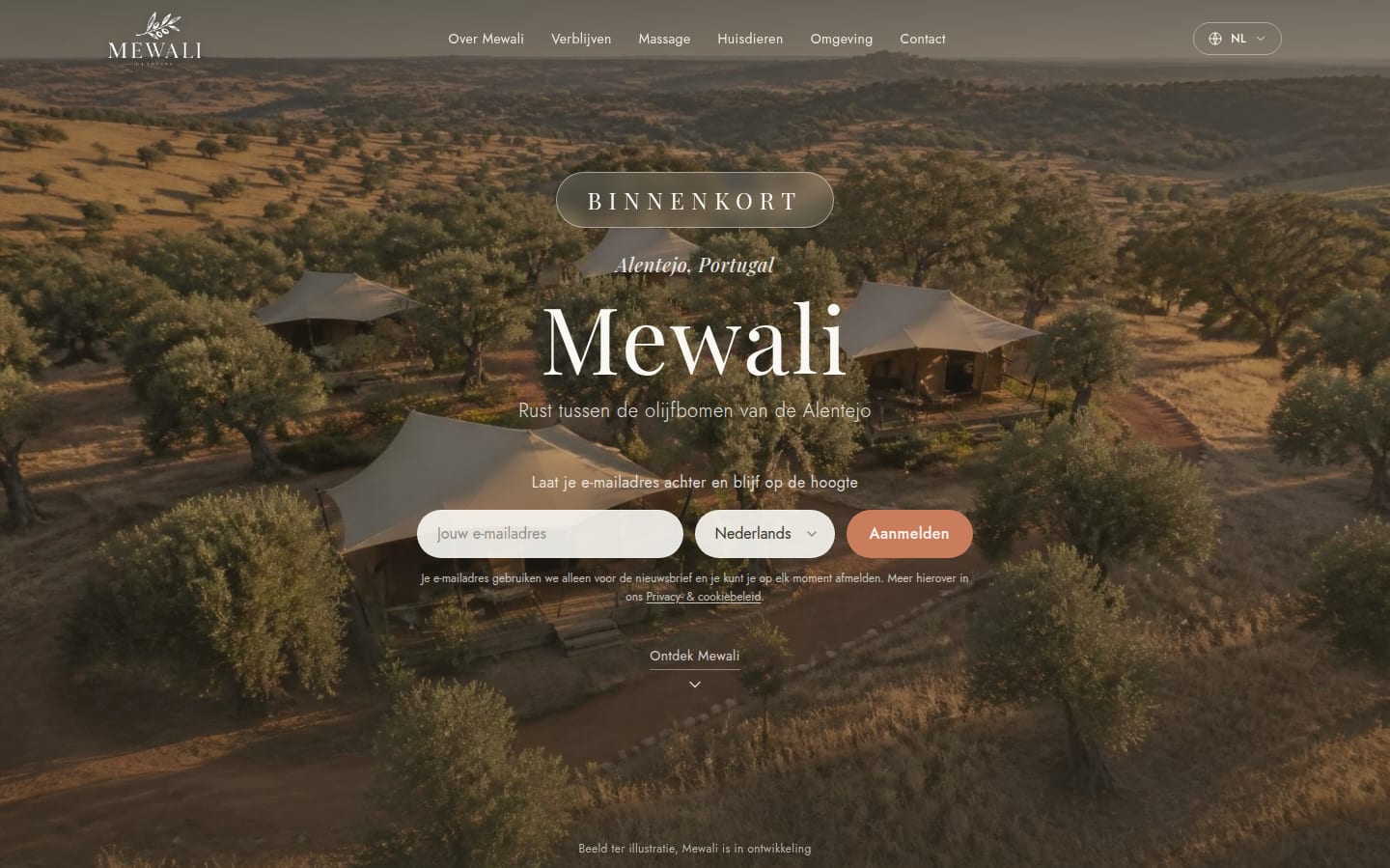 De homepage van Mewali, glamping in de Alentejo.